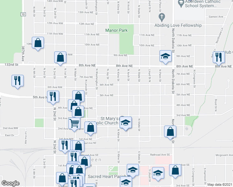 map of restaurants, bars, coffee shops, grocery stores, and more near 503 North Kline Street in Aberdeen