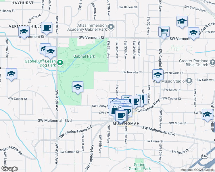 map of restaurants, bars, coffee shops, grocery stores, and more near 7414 Southwest 37th Avenue in Portland