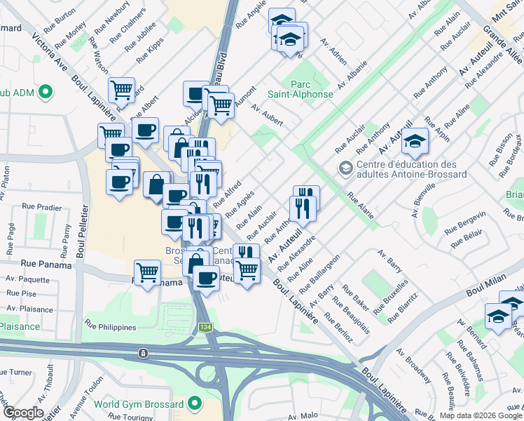 map of restaurants, bars, coffee shops, grocery stores, and more near 6028 Rue Alain in Brossard