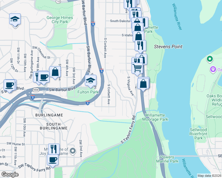 map of restaurants, bars, coffee shops, grocery stores, and more near 7400 South Corbett Avenue in Portland