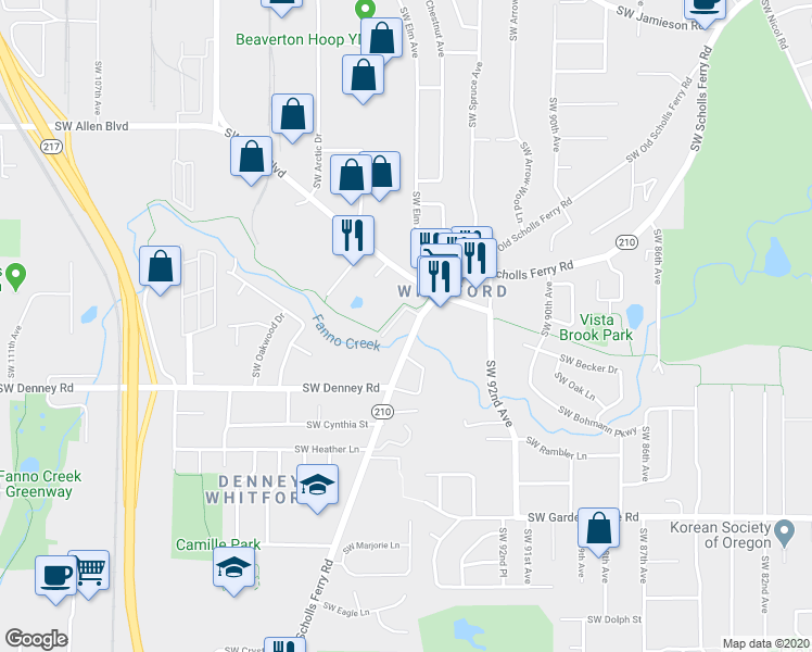map of restaurants, bars, coffee shops, grocery stores, and more near 6729 Southwest Scholls Ferry Road in Portland