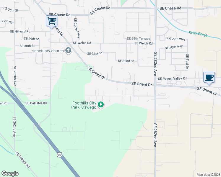 map of restaurants, bars, coffee shops, grocery stores, and more near 27640 Southeast Orient Drive in Gresham