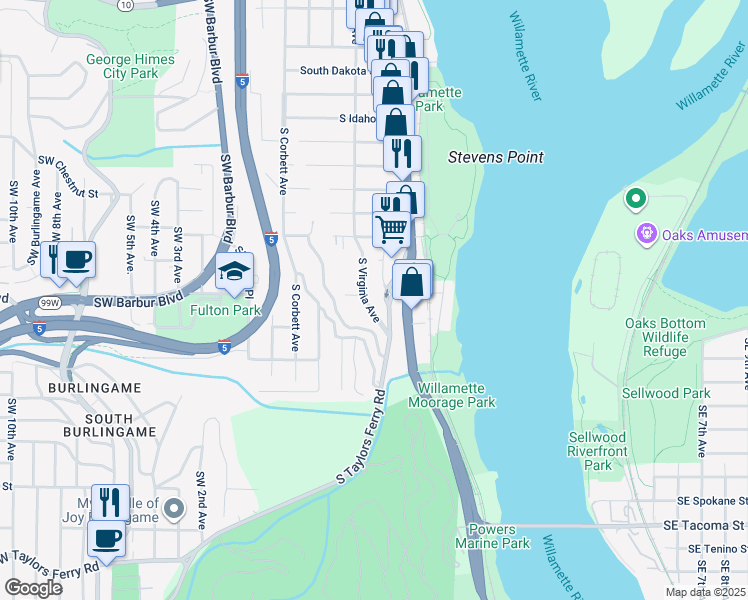 map of restaurants, bars, coffee shops, grocery stores, and more near 7422 South Virginia Avenue in Portland