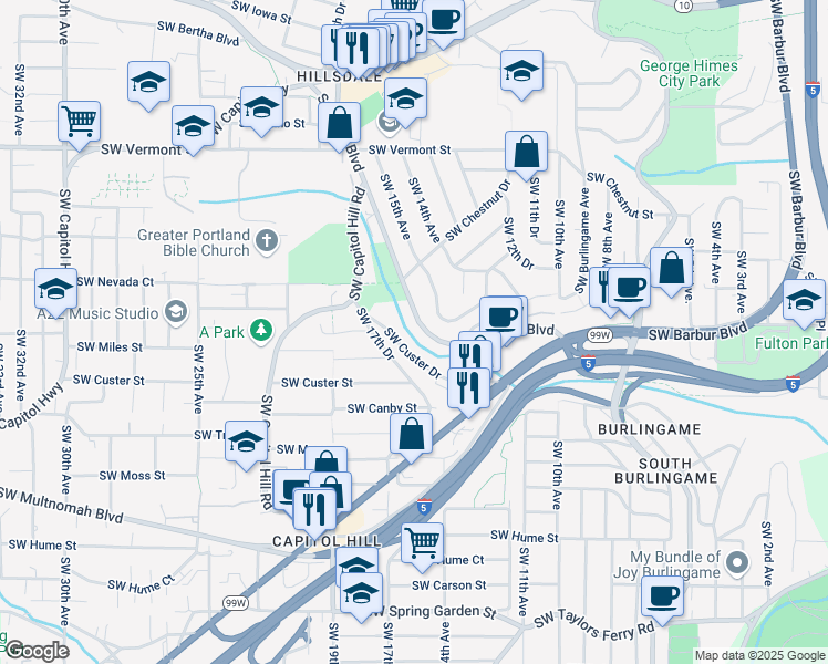 map of restaurants, bars, coffee shops, grocery stores, and more near 1420 Southwest Bertha Boulevard in Portland