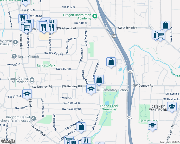 map of restaurants, bars, coffee shops, grocery stores, and more near 6770 Southwest Princess Avenue in Beaverton