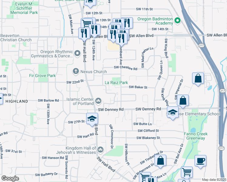 map of restaurants, bars, coffee shops, grocery stores, and more near 6768 Southwest Sussex Street in Beaverton