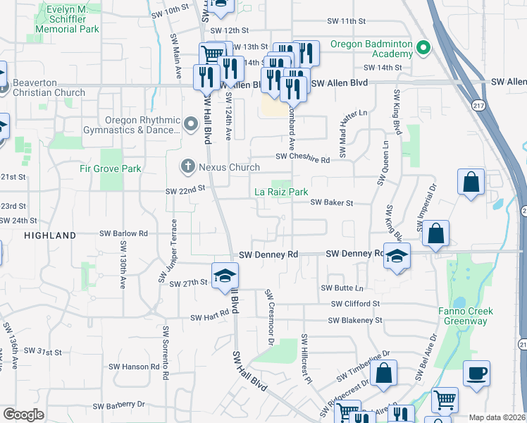 map of restaurants, bars, coffee shops, grocery stores, and more near 6768 Southwest Sussex Street in Beaverton