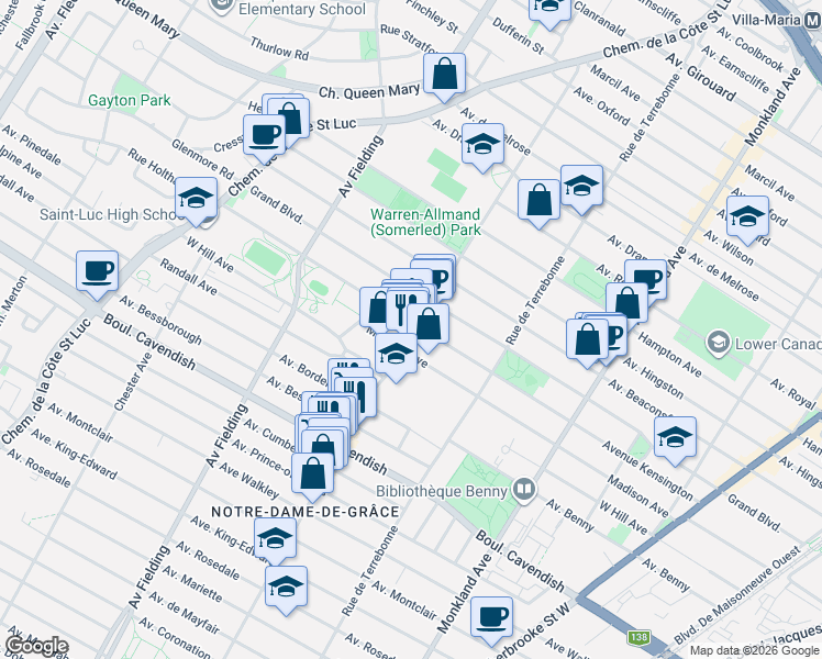 map of restaurants, bars, coffee shops, grocery stores, and more near 6255 Avenue Somerled in Montréal