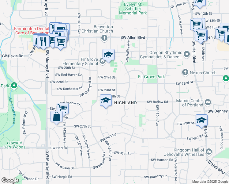 map of restaurants, bars, coffee shops, grocery stores, and more near 6725 Southwest Peach Lane in Beaverton