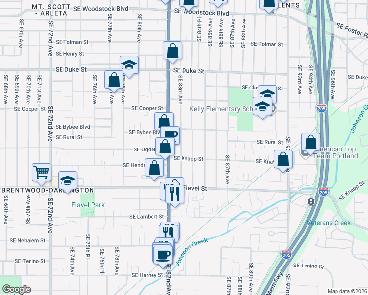 map of restaurants, bars, coffee shops, grocery stores, and more near 7128 Southeast 83rd Avenue in Portland