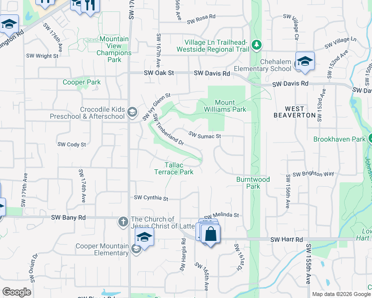 map of restaurants, bars, coffee shops, grocery stores, and more near 16461 Southwest Timberland Drive in Beaverton