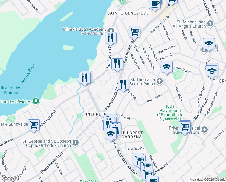 map of restaurants, bars, coffee shops, grocery stores, and more near 16729 Boulevard de Pierrefonds in Montréal