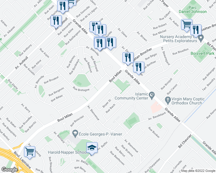 map of restaurants, bars, coffee shops, grocery stores, and more near 5605 Boulevard Milan in Brossard