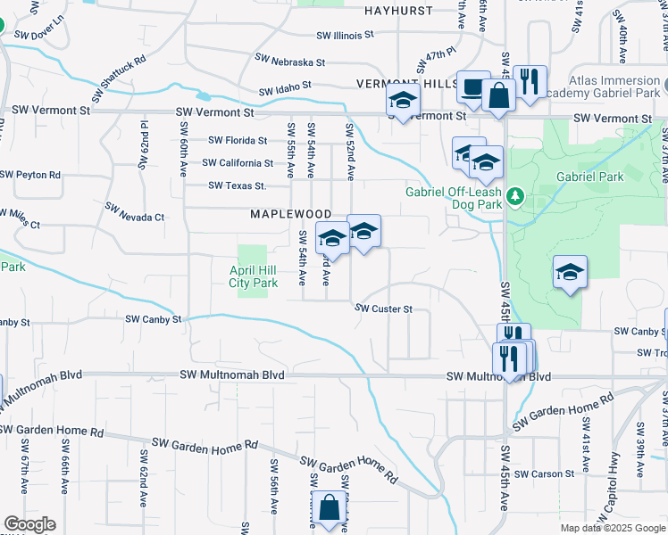 map of restaurants, bars, coffee shops, grocery stores, and more near 7426 Southwest 53rd Avenue in Portland