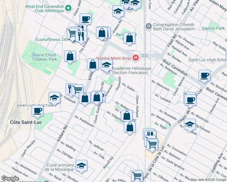 map of restaurants, bars, coffee shops, grocery stores, and more near 6855 Chemin Heywood in Côte Saint-Luc
