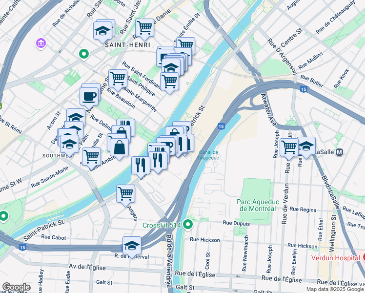 map of restaurants, bars, coffee shops, grocery stores, and more near 3584 Rue Saint-Patrick in Montréal