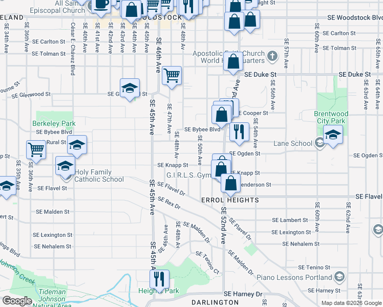 map of restaurants, bars, coffee shops, grocery stores, and more near 4902 Southeast Ogden Street in Portland