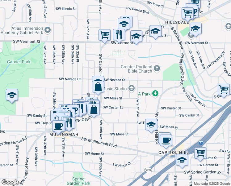 map of restaurants, bars, coffee shops, grocery stores, and more near 7336 Southwest 28th Avenue in Portland