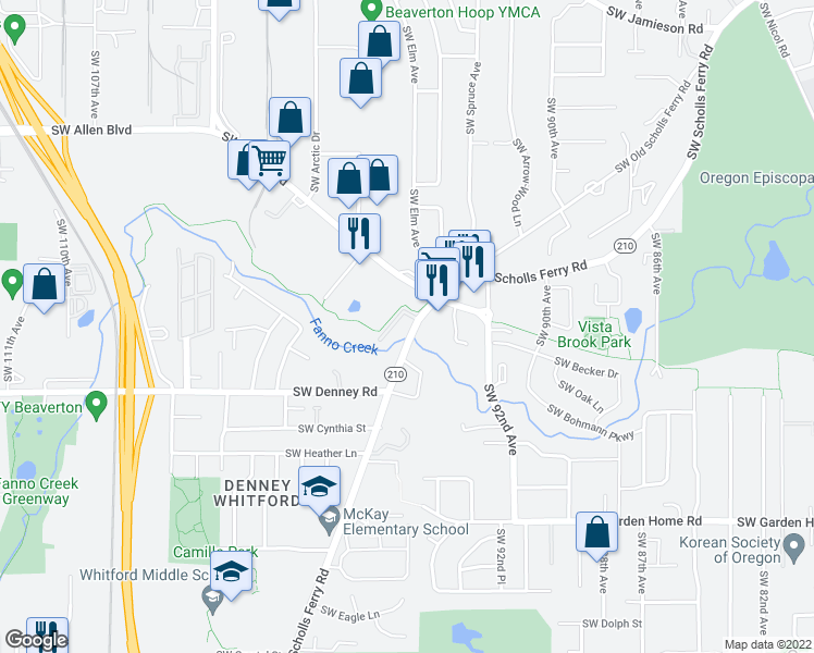 map of restaurants, bars, coffee shops, grocery stores, and more near in Beaverton