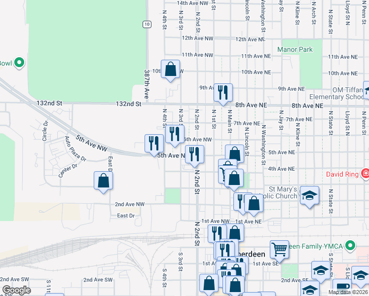 map of restaurants, bars, coffee shops, grocery stores, and more near 505 North 2nd Street in Aberdeen