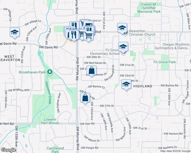 map of restaurants, bars, coffee shops, grocery stores, and more near 14225 Southwest Cherryhill Drive in Beaverton