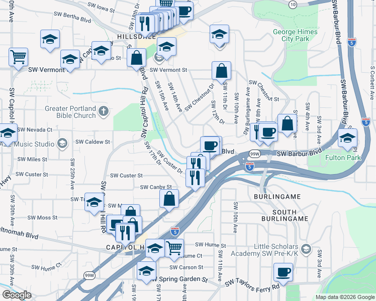 map of restaurants, bars, coffee shops, grocery stores, and more near 1307 Southwest Bertha Boulevard in Portland