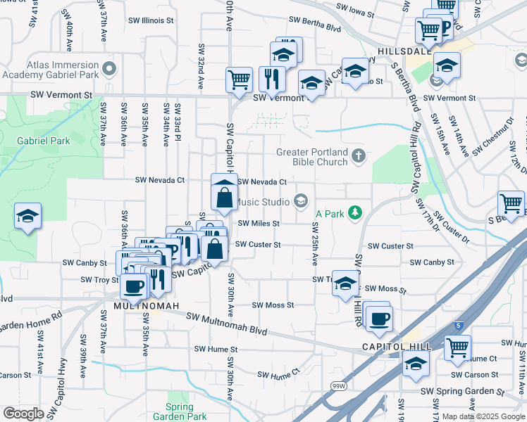 map of restaurants, bars, coffee shops, grocery stores, and more near 7343 Southwest 28th Avenue in Portland