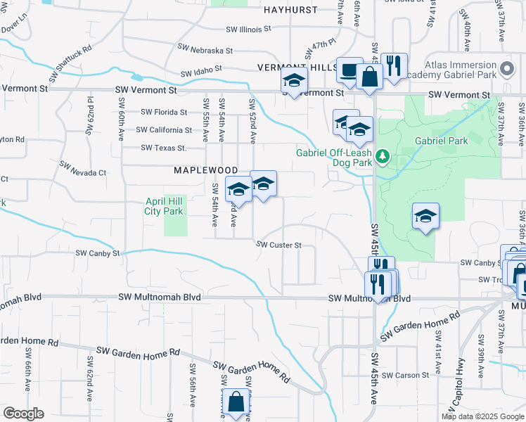 map of restaurants, bars, coffee shops, grocery stores, and more near 7452 Southwest 52nd Avenue in Portland