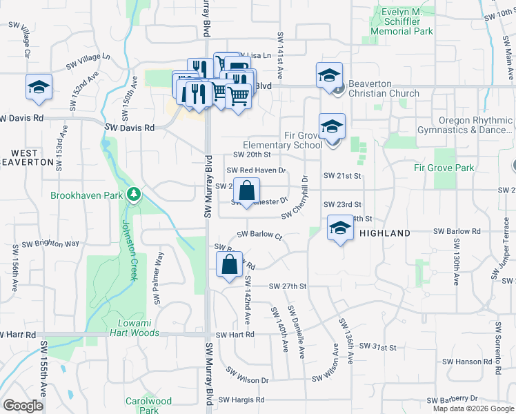 map of restaurants, bars, coffee shops, grocery stores, and more near 14225 Southwest Cherryhill Drive in Beaverton
