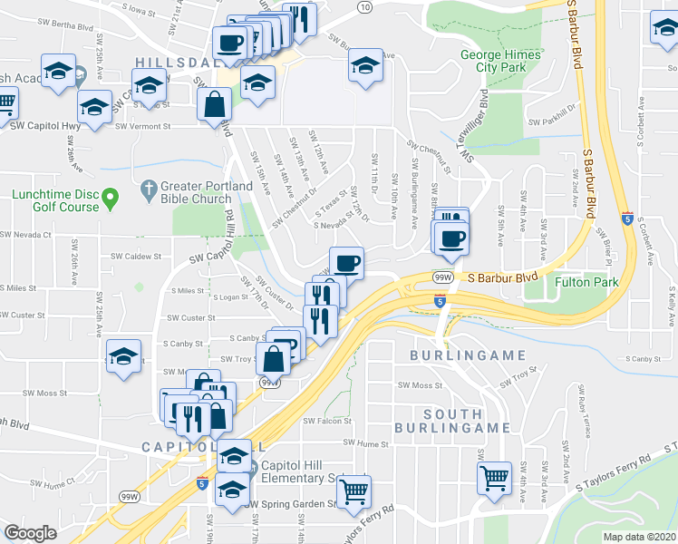 map of restaurants, bars, coffee shops, grocery stores, and more near 7322 Southwest 13th Drive in Portland