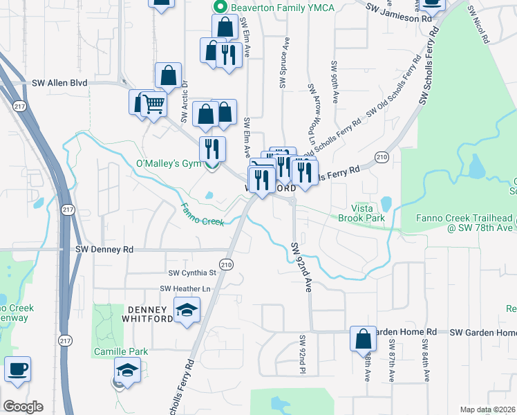 map of restaurants, bars, coffee shops, grocery stores, and more near 6750 Southwest Scholls Ferry Road in Beaverton