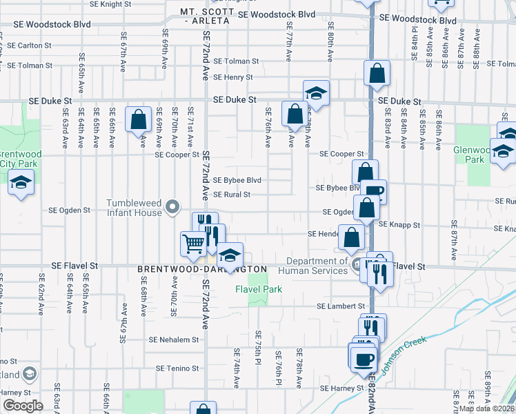 map of restaurants, bars, coffee shops, grocery stores, and more near 7516 Southeast Ogden Street in Portland