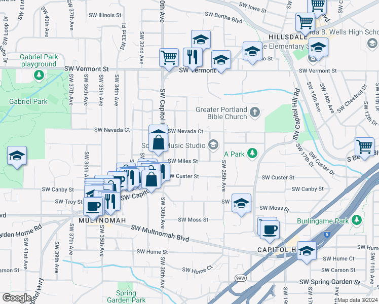 map of restaurants, bars, coffee shops, grocery stores, and more near 7336 Southwest 28th Avenue in Portland