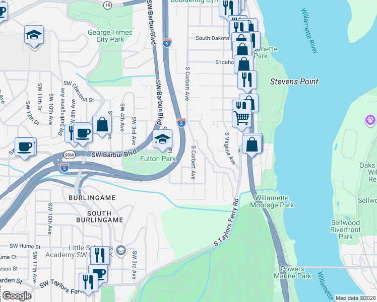map of restaurants, bars, coffee shops, grocery stores, and more near 7401 South Corbett Avenue in Portland