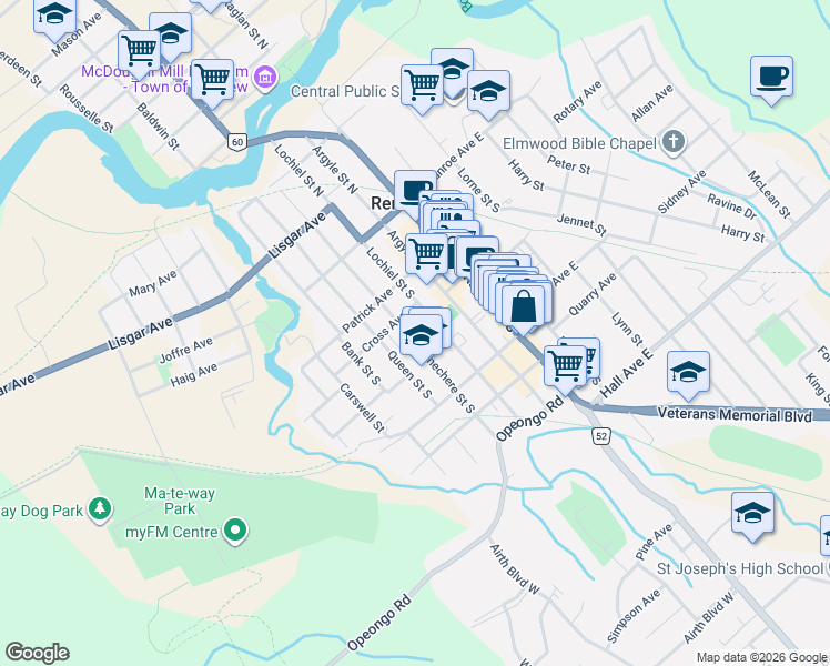 map of restaurants, bars, coffee shops, grocery stores, and more near 143 Bonnechere Street South in Renfrew