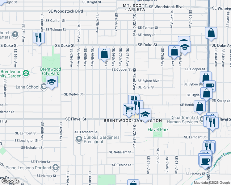 map of restaurants, bars, coffee shops, grocery stores, and more near 7142 Southeast 69th Avenue in Portland