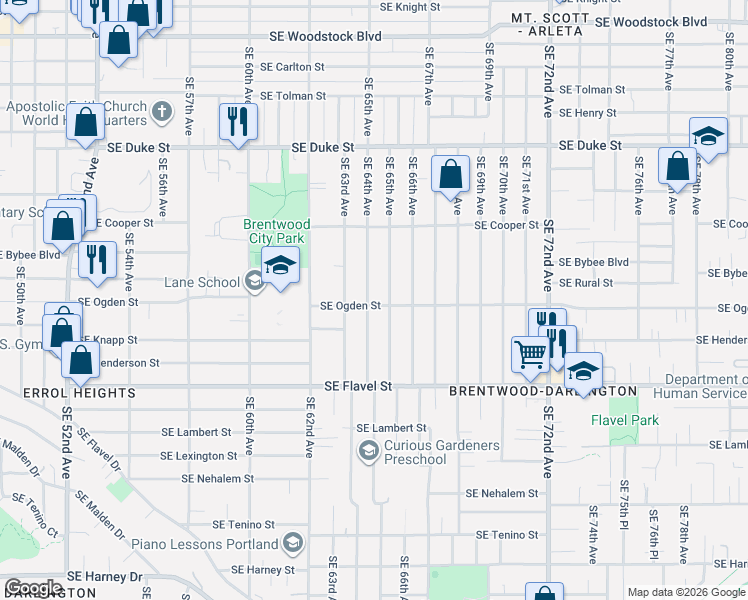 map of restaurants, bars, coffee shops, grocery stores, and more near 6430 Southeast Ogden Street in Portland