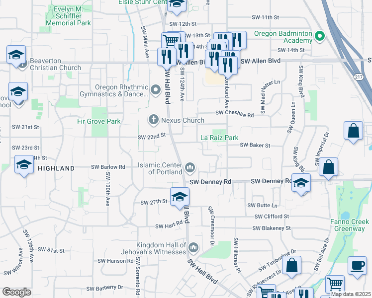 map of restaurants, bars, coffee shops, grocery stores, and more near 12360 Southwest Sussex Street in Beaverton