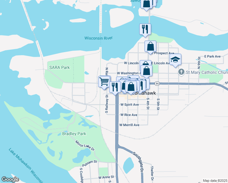 map of restaurants, bars, coffee shops, grocery stores, and more near 310 West Wisconsin Avenue in Tomahawk