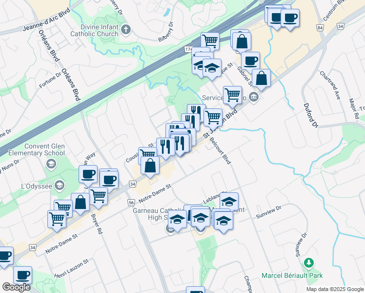 map of restaurants, bars, coffee shops, grocery stores, and more near 2589 Ottawa 34 in Ottawa
