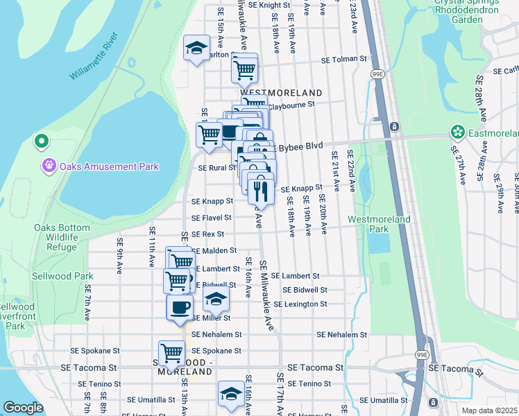 map of restaurants, bars, coffee shops, grocery stores, and more near 7400 Southeast Milwaukie Avenue in Portland