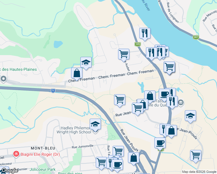 map of restaurants, bars, coffee shops, grocery stores, and more near 8 Rue du Talus in Gatineau