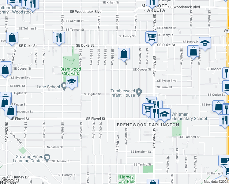 map of restaurants, bars, coffee shops, grocery stores, and more near 6608 Southeast Ogden Street in Portland