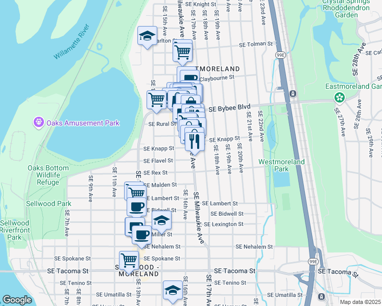 map of restaurants, bars, coffee shops, grocery stores, and more near 1631 Southeast Flavel Street in Portland