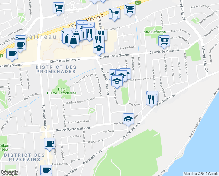 map of restaurants, bars, coffee shops, grocery stores, and more near 48 Rue Saint-Josaphat in Gatineau