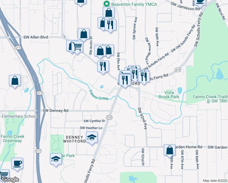 map of restaurants, bars, coffee shops, grocery stores, and more near 6745 Southwest Scholls Ferry Road in Beaverton