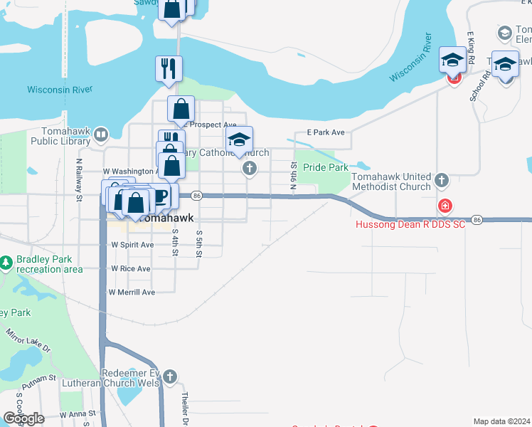 map of restaurants, bars, coffee shops, grocery stores, and more near 325 East Wisconsin Avenue in Tomahawk