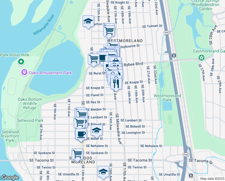 map of restaurants, bars, coffee shops, grocery stores, and more near 7339 Southeast Milwaukie Avenue in Portland