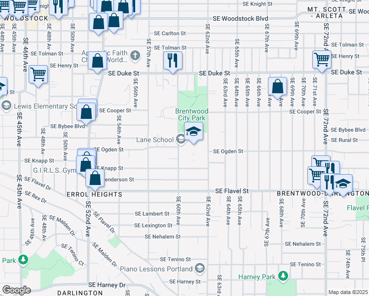 map of restaurants, bars, coffee shops, grocery stores, and more near 7200 Southeast 60th Avenue in Portland