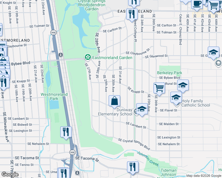 map of restaurants, bars, coffee shops, grocery stores, and more near 7349 Southeast 30th Avenue in Portland